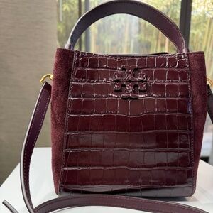 Tory Burch small bucket purse. Dark red, maroon, dark scarlet. Crocodile leather